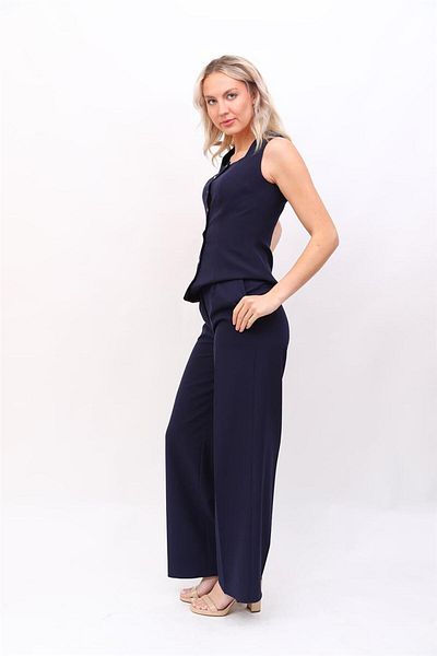 ÖNDER ÖZSOY Button-Down Vest & High Waist Loose Wide Leg Pants Set-Navy Blue