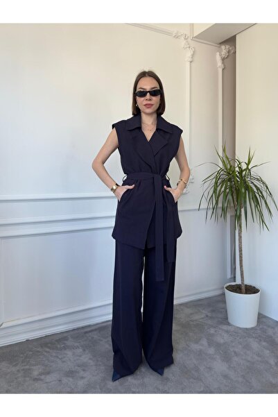 QİMYA BUTİK MAGARDE Women's Mid-Length Belted Vest and Loose Trousers Double Linen Set
