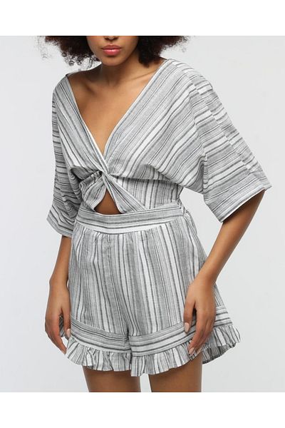 Stil Sepeti Women's Gray V-Neck Short Sleeve Striped Ruffle Detailed Mini Jumpsuit Tll-1000412300