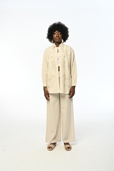 QİMYA BUTİK ORFEO NEGRO Γυναικείο πουκάμισο μεγάλου μεγέθους με πλήρες κέντημα στο μπροστινό μέρος και κέντημα με πέρλες