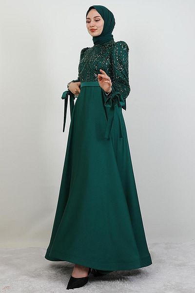 GİYZAMİLA Βραδινό φόρεμα Stoned Satin Hijab Emerald