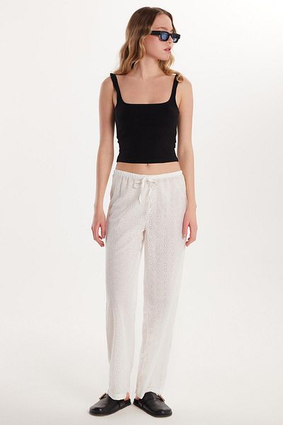 Tudors Women's Regular Fit Relaxed Cut 100% Cotton Openwork Ecru Trousers