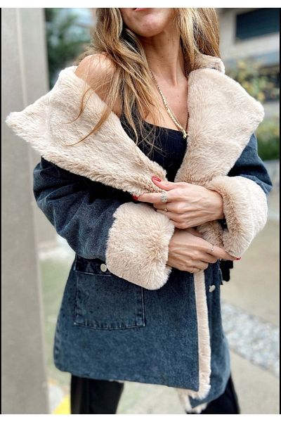 SAGİ JEANS Palton de damă din denim cu blană plină