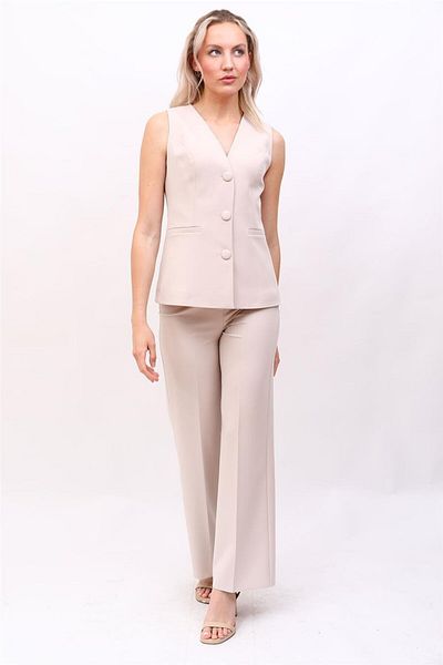 ÖNDER ÖZSOY Long Classic Vest & Wide Leg Pants Suit-Beige