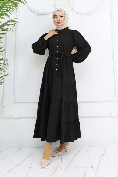 benguen Πέτρινο Κουμπωτό Καντράν Hijab Φόρεμα Μαύρο 2268
