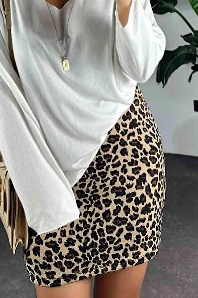 QİMYA BUTİK Women's Steel Knit Elastic Waist Leopard Patterned Mini Skirt