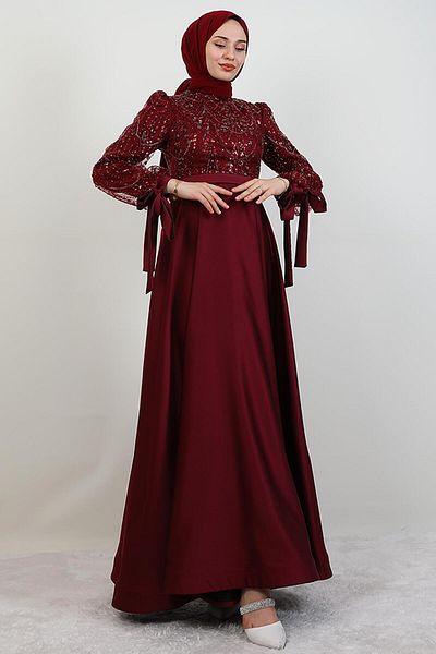 GİYZAMİLA Βραδινό φόρεμα Stoned Satin Hijab Claret Red