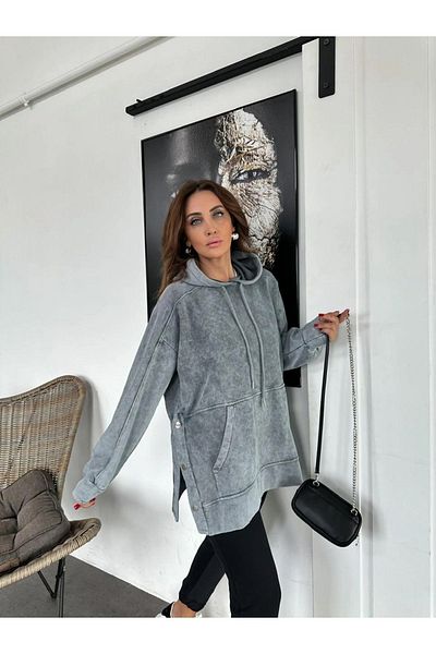QİMYA BUTİK Exotic Asortic Women's Side Slit Washable Hooded Long Sweatshirt