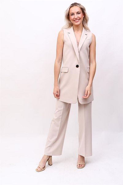 ÖNDER ÖZSOY Single Button Loose Vest & Wide Leg Trousers Set-Beige