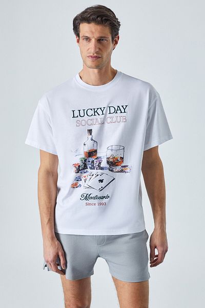 GRIMELANGE Lucky Men's Oversize Fit White T-Shirt