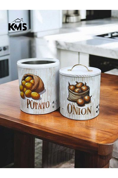 KMS Kumsar Set of 2 Metal Potato Onion Holder Storage Container Patterned