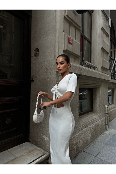 QİMYA BUTİK SOBE Γυναικείο κοντομάνικο φόρεμα με λαιμόκοψη V μπροστά με μαζεμένο παράθυρο