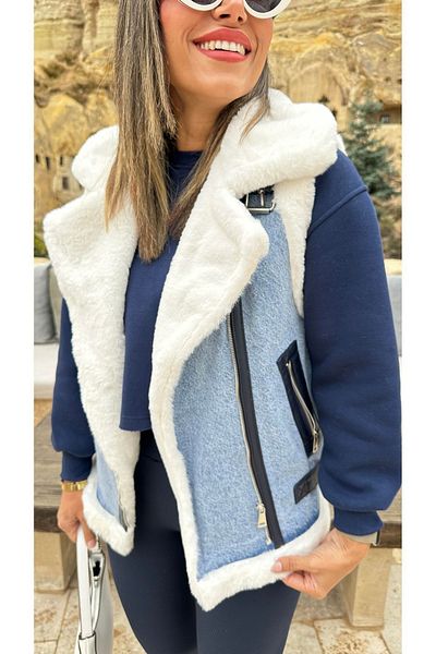 QİMYA BUTİK Robin Women's Cross Zippered Denim Vest with Full Fur Inside