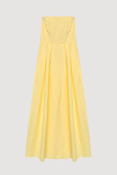Quzu Strapless Pleated Detailed Long Dress Yellow