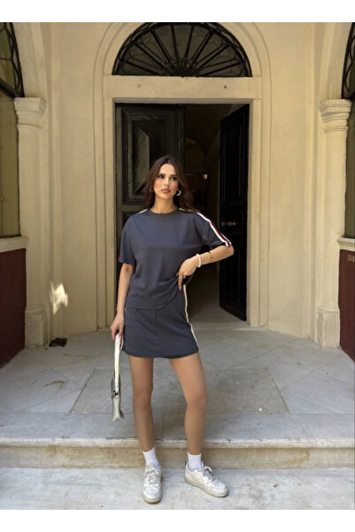 My Reality Fashion Osy Modal Soft Textured Fabric Patchwork Crew Neck T-Shirt Mini Skirt with Shorts Two