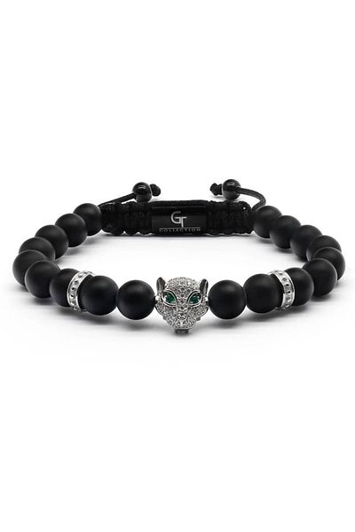 GT Collection GT Collection, Ανδρικό Βραχιόλι με Κεφαλή Λεοπάρδαλης και Ενεργειακές Πέτρες από ΜΑΥΡΟ ΟΝΥΧΑ, Ένα Μέγεθος & Ρυθμιζόμενο Κορδόνι