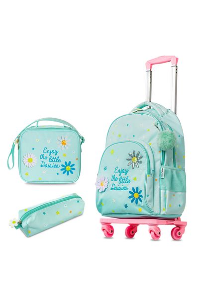 Eazy Kids مجموعة حقائب مدرسية مقاس 17 بوصة، مكونة من 4 قطع، مع عربة بأربع عجلات، وحقيبة غداء، وحقيبة أقلام - لون أخضر ليتل ديزي