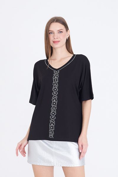 Brevia Black Geometric Pattern Stone Embroidered Short Sleeve Lycra Women's Combed Cotton Blouse