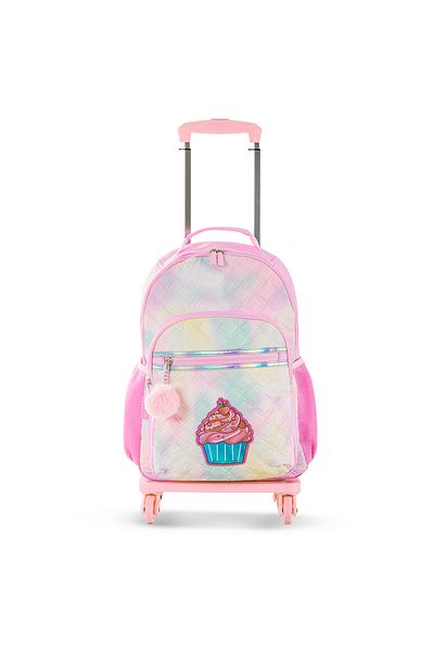 Eazy Kids مجموعة من 4 حقائب ظهر مقاس 17 بوصة مع عربة بأربع عجلات وحقيبة غداء وحافظة أقلام - لون وردي سكري