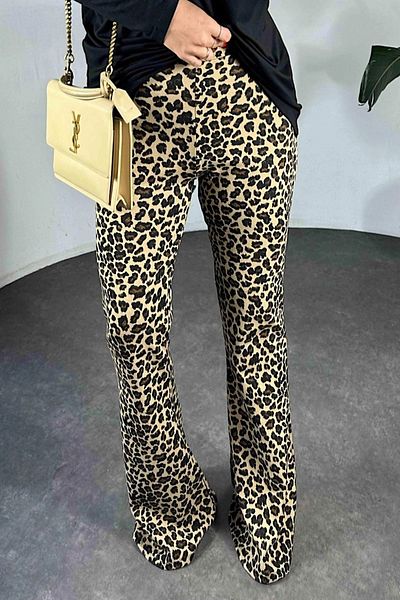 QİMYA BUTİK Women's Spanish Leg Leopard Print Lycra Trousers - Steel Knitted, Elastic Waist
