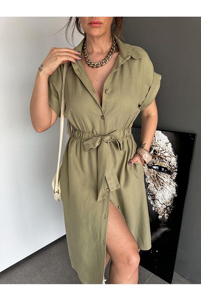 QİMYA BUTİK EXOTIC ASORTIC Γυναικείο κοντομάνικο φόρεμα με ελαστική μέση με κουμπιά