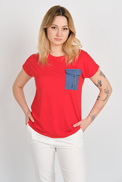 Sistas Women's Low Sleeve Single Pocket Detailed Crew Neck Blouse 24107 Red