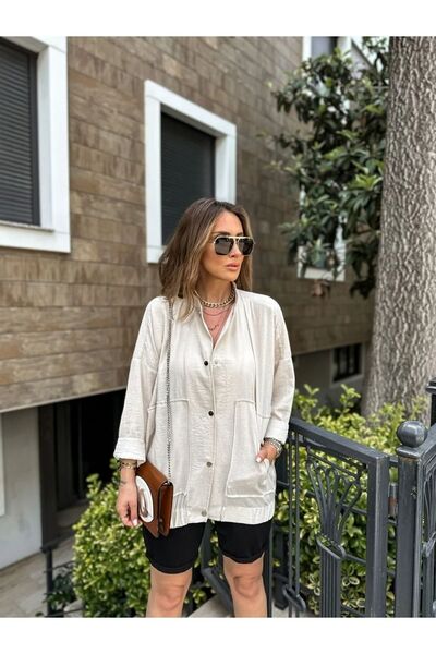 EGZOTİK ASORTİK Jachetă lungă bomber cu mâneci joase, cu aspect de in