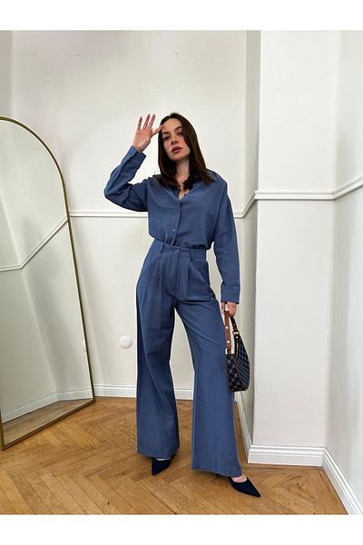 QİMYA BUTİK MAGARDE Women's Oversize Linen Set - Pleated Tunic and Loose Trousers