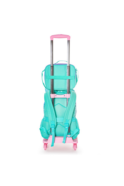 Eazy Kids 17" Set of 4 Backpack w/ 4 Wheel Trolley, Lunch Bag and Pencil Case - Girl Glitter Green