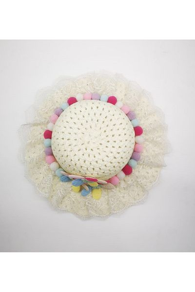 By Piera Girl's Lace Pompom Design Straw Hat 8774