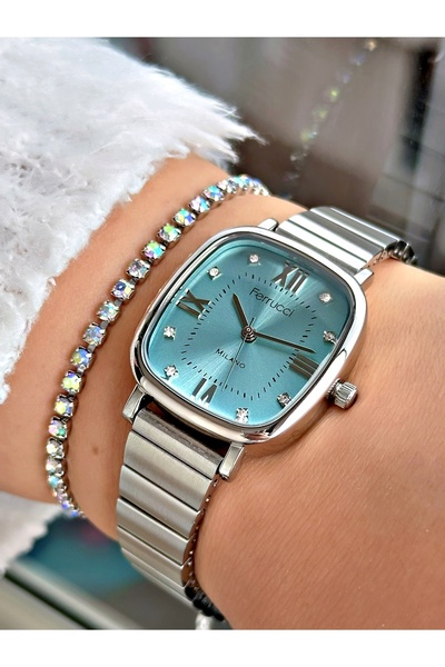 Ferrucci Gümüş Renk Kare Roma Rakamlı Model Garantili Kadın Kol Saati + BİLEKLİK