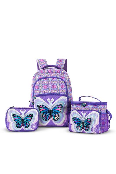 Eazy Kids مجموعة من 3 حقائب ظهر مقاس 18 بوصة مع حقيبة غداء وحافظة أقلام - فراشة ثلاثية الأبعاد بنفسجية