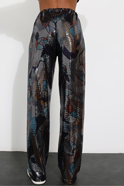 BEBE PLUS Women's Silver & Turquoise Elastic Waist Full Lycra Shiny Trousers