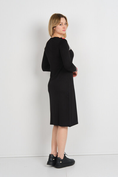 Sistas Women's Houndstooth Patterned Crew Neck Long Sleeve Dress 22974 Black