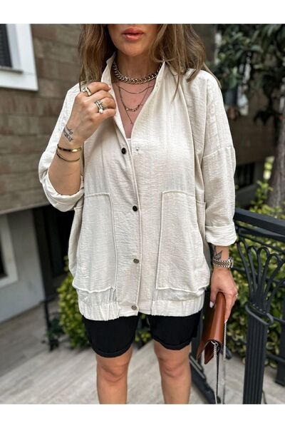 EGZOTİK ASORTİK Jachetă lungă bomber cu mâneci joase, cu aspect de in