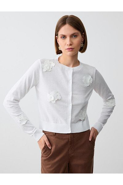 Jimmy Key White 100% Cotton Slim Fit Floral Patterned Long Sleeve Knitwear Cardigan