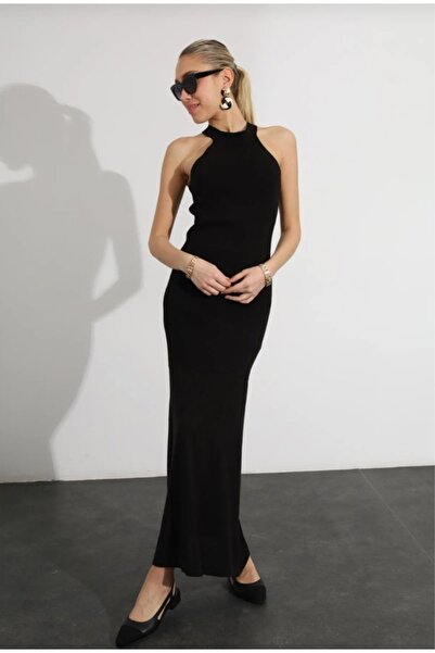 QİMYA BUTİK Keyymod Women's Halter Neck Below Knee Thin Back Cross Knitwear Dress