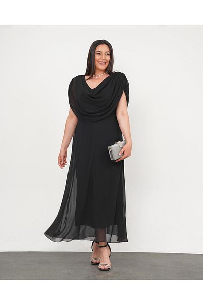Butik Nilyam Women Plus Size Draped Neck Shoulder Draped Detail Chiffon Long Evening Dress 24775