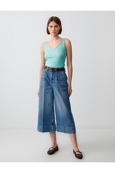 Jimmy Key Pantaloni largi din denim cu talie înaltă, 100% bumbac, albastru indigo