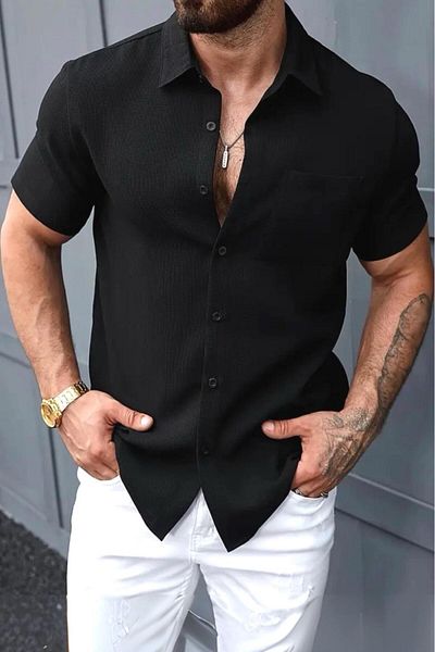 Oksit Theo Slim Fit Flexible Lycra Short Sleeve Standing Collar Men's Shirt