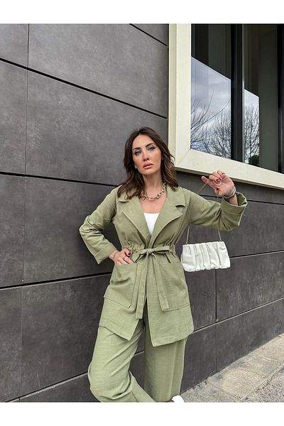 EGZOTİK ASORTİK Women's Skinny Leg Trousers with Tie Waist Jacket Linen Set