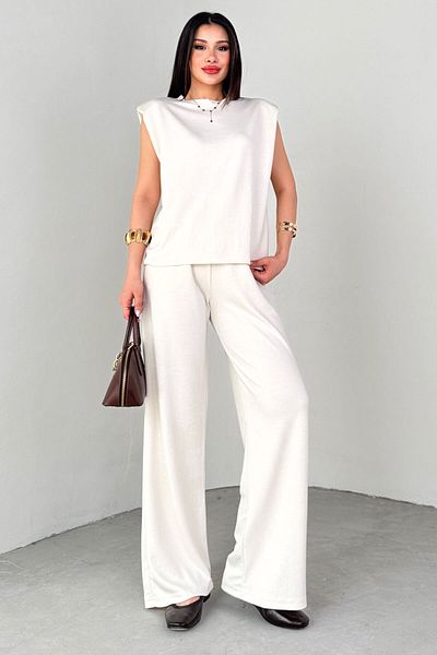 Cappmoda Tkm-13301 Ecru Padded Blouse & Elastic Waist Loose Trousers Set of Two
