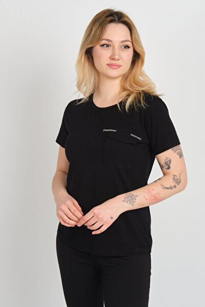 Sistas Women's Cover Pocket Crew Neck Short Sleeve Blouse 4144 Black