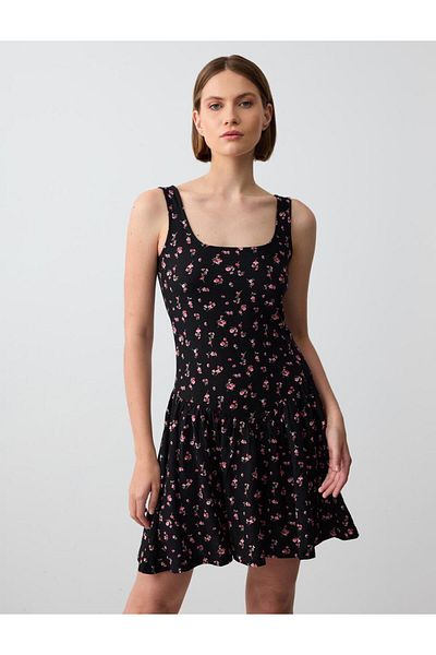 Jimmy Key Black Relaxed Fit Square Neck Sleeveless Floral Print Knitted Mini Dress