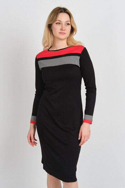 Sistas Women's Houndstooth Patterned Crew Neck Long Sleeve Dress 22974 Black