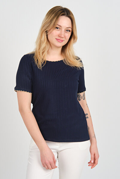 ELLA CAMELIA Bluză cu mânecă scurtă pentru femei, cu gât turnut, în dungi 1E0...