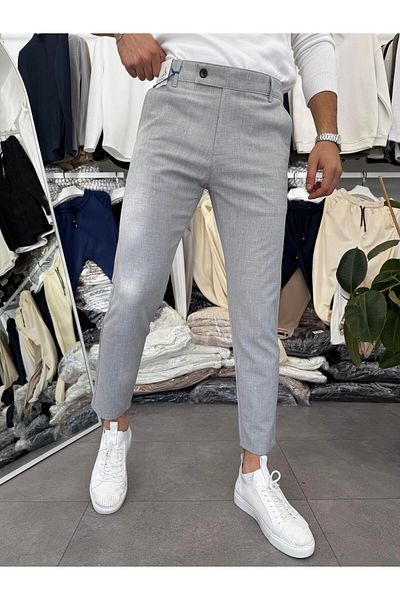 Butik 100% Lycra Slimfit Tongue Detailed Fabric Trousers Light Gray