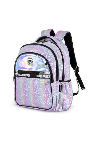 Eazy Kids مجموعة حقائب مدرسية من 3 قطع مقاس 17 بوصة مع حقيبة غداء وحافظة أقلام - جود فايبز - فضي