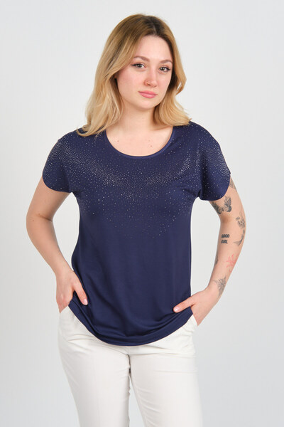 ELLA CAMELIA Women's Low Sleeve Stone Ornament Detailed Crew Neck Blouse 24E1...