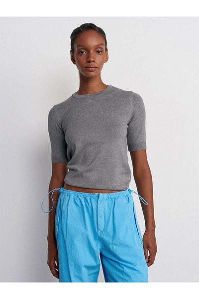 Dilvin Women's Smoked Melange Sweater - Crew Neck, Button Back, Short Sleeve